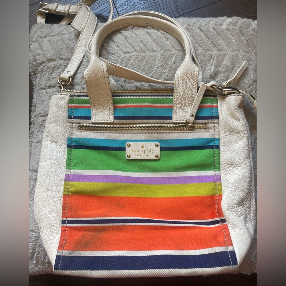 VTG Kate Spade Multicolor Striped Cotton Cream Leather Trim Medium Sz Satchel